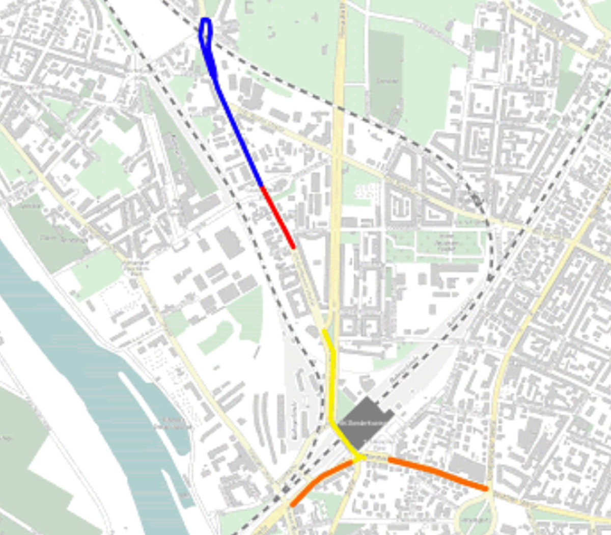 Blau: bereits saniert; Rot: neuer Abschnitt bis Conradstraße; Gelb: Sanierung Hansastraße; Orange: Neue Straßendecke. Quelle: DVB AG