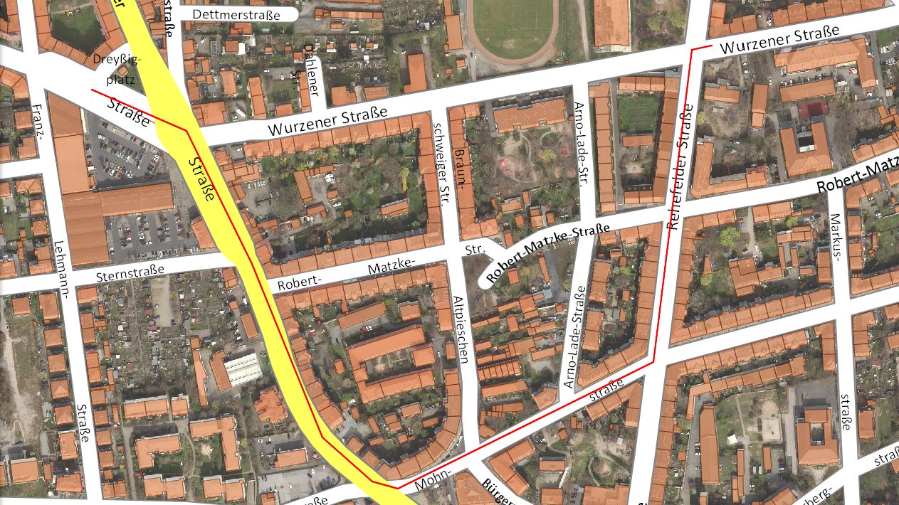 Umleitung über Rehefelder Straße, Mohnstraße und Leipziger Straße - Karte: dresden.de