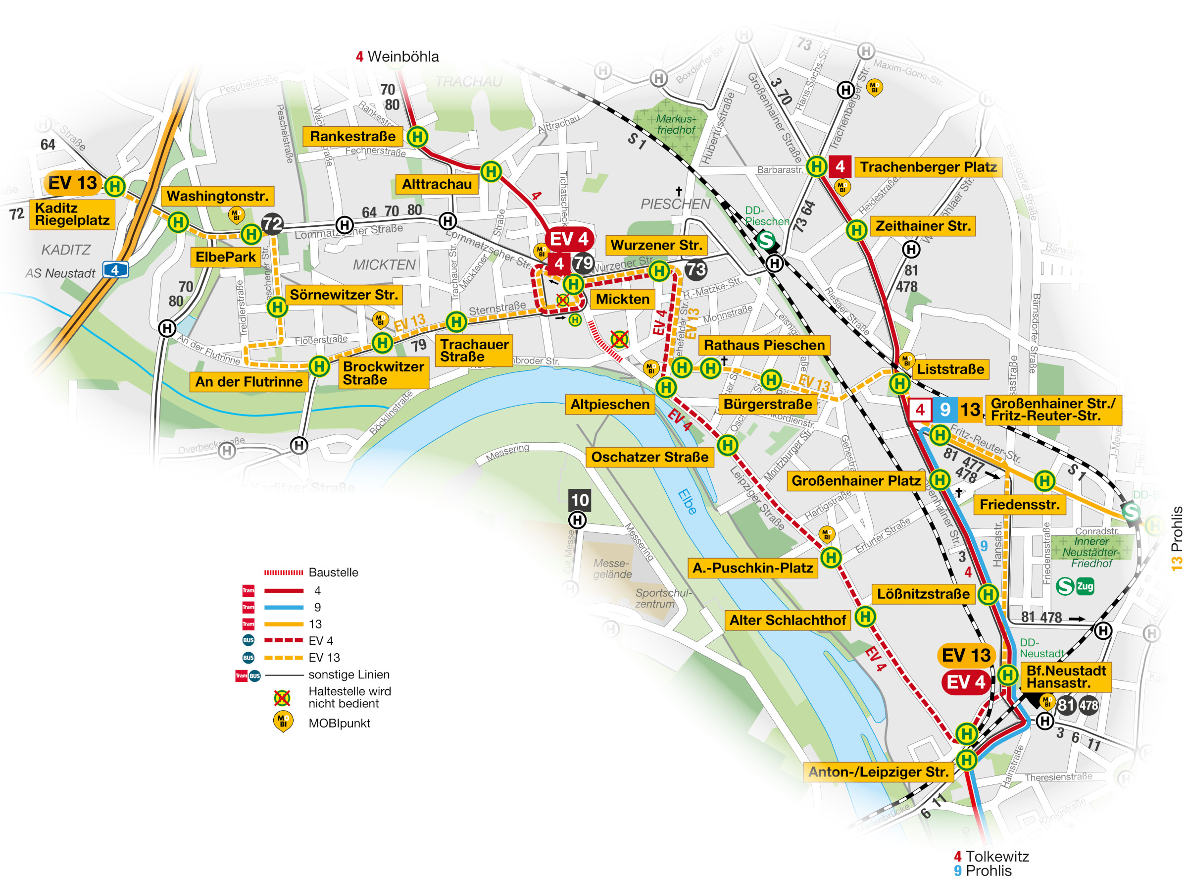 Fahrtwege während der Baustelle an der Leipziger Straße - Skizze: DVB