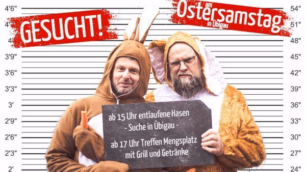 Vereinsvorsitzender und Stellvertreter, Tino Jasef und Uwe Jakob haben schonmal die Hasenkostüme anprobiert. Foto: Übigauer Insel e.V.